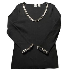 WR Black Ribbed Knit Top Silver Chain Neckline Cuff Detail Size Large L